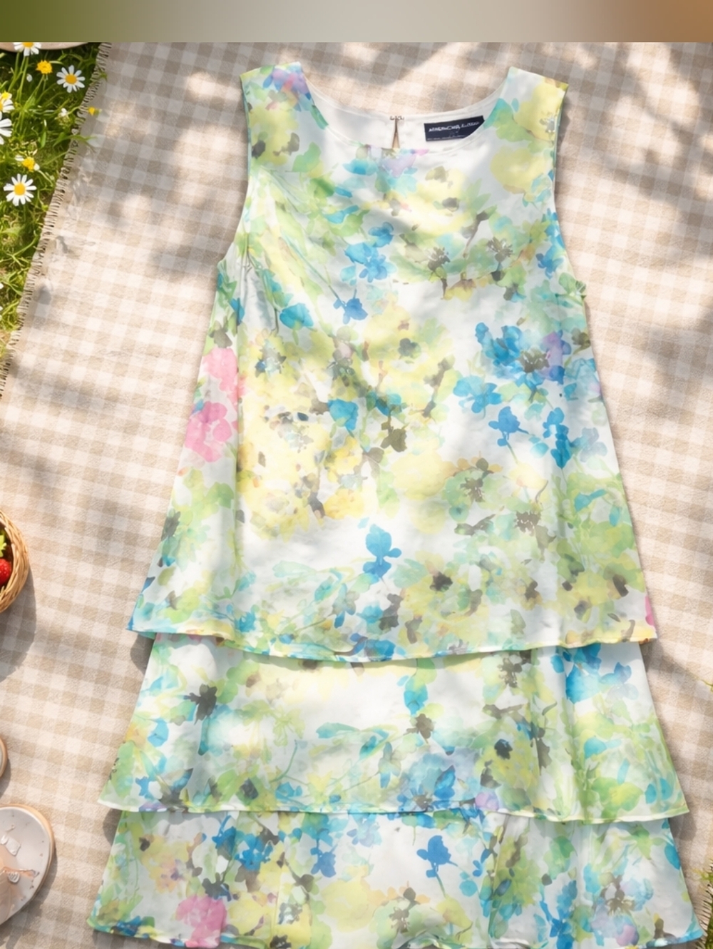 American Living Pastel Floral Tiered Mini Dress - Blue, Green, Yellow, Pink
